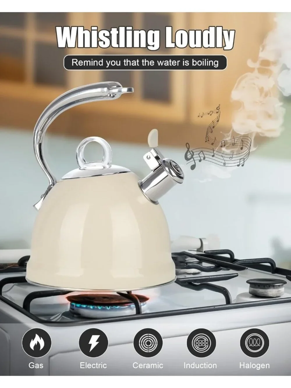 2.5 Qt Stainless Steel Whistling Tea Kettle for Gas, Electric Induction White